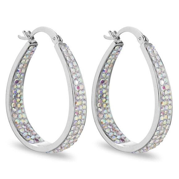 14K White Gold with Aurora Borealis Crystal U Shape French Lock Hoop Earrings - Picture 1 of 5